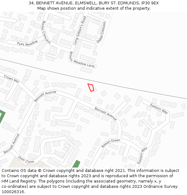 34, BENNETT AVENUE, ELMSWELL, BURY ST. EDMUNDS, IP30 9EX: Location map and indicative extent of plot