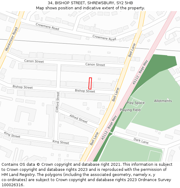 34, BISHOP STREET, SHREWSBURY, SY2 5HB: Location map and indicative extent of plot