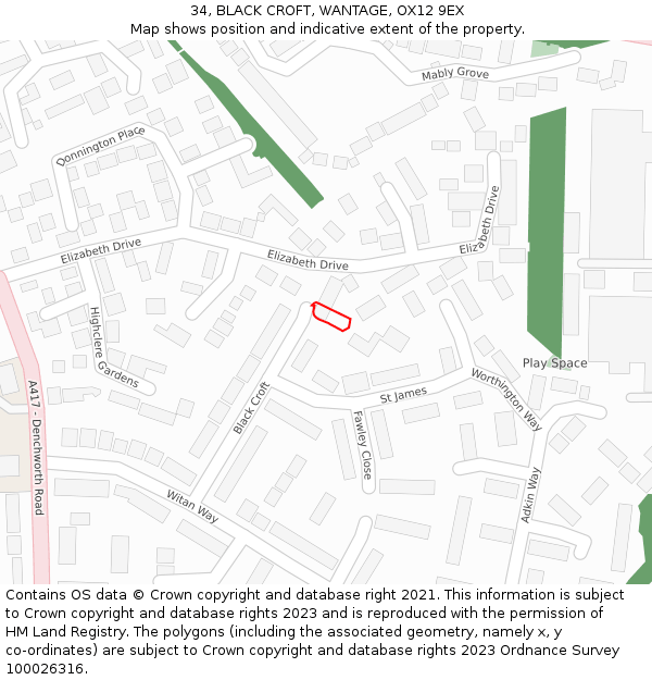 34, BLACK CROFT, WANTAGE, OX12 9EX: Location map and indicative extent of plot