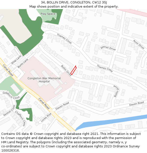 34, BOLLIN DRIVE, CONGLETON, CW12 3SJ: Location map and indicative extent of plot