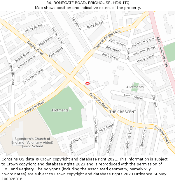 34, BONEGATE ROAD, BRIGHOUSE, HD6 1TQ: Location map and indicative extent of plot