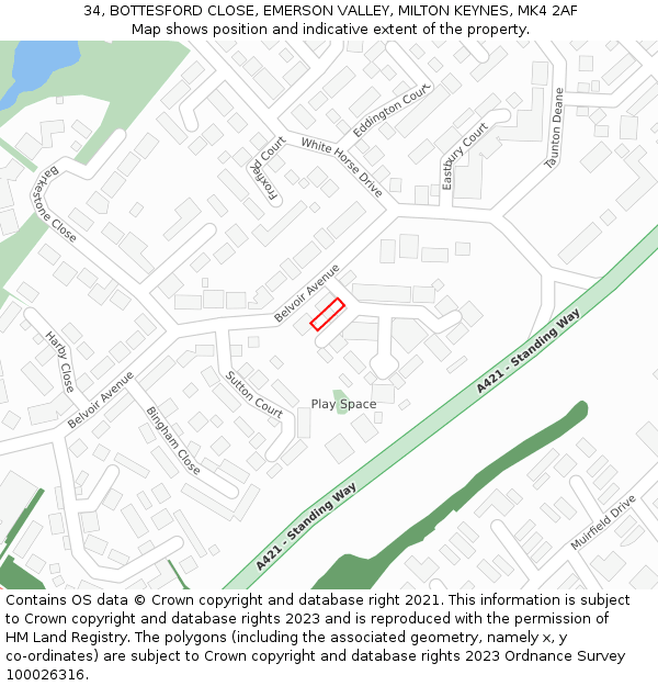 34, BOTTESFORD CLOSE, EMERSON VALLEY, MILTON KEYNES, MK4 2AF: Location map and indicative extent of plot