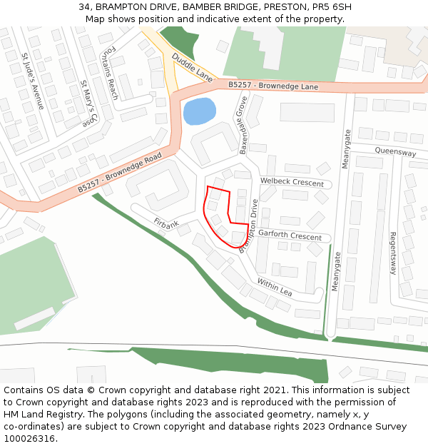 34, BRAMPTON DRIVE, BAMBER BRIDGE, PRESTON, PR5 6SH: Location map and indicative extent of plot