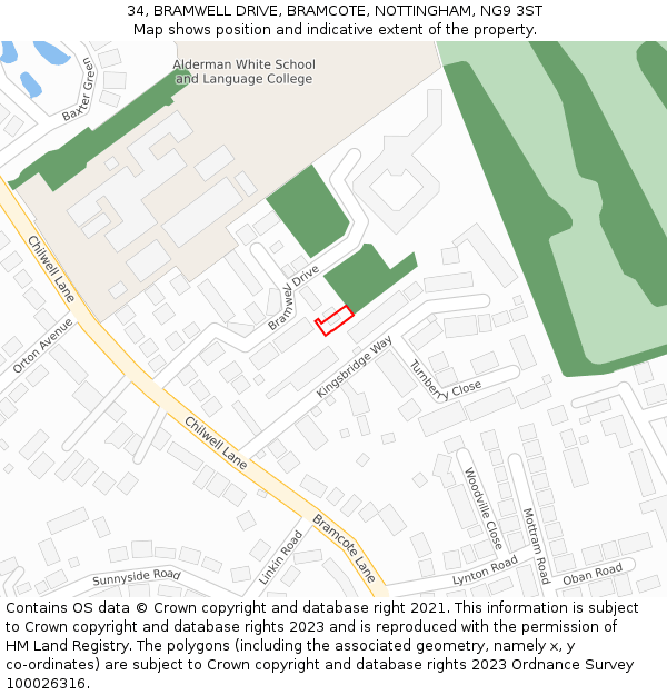 34, BRAMWELL DRIVE, BRAMCOTE, NOTTINGHAM, NG9 3ST: Location map and indicative extent of plot
