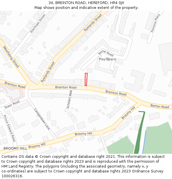 34, BREINTON ROAD, HEREFORD, HR4 0JX: Location map and indicative extent of plot