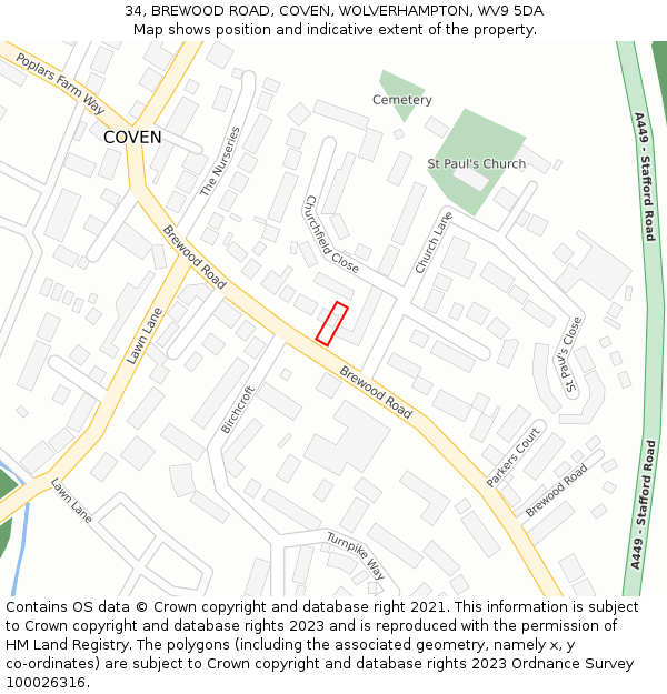 34, BREWOOD ROAD, COVEN, WOLVERHAMPTON, WV9 5DA: Location map and indicative extent of plot