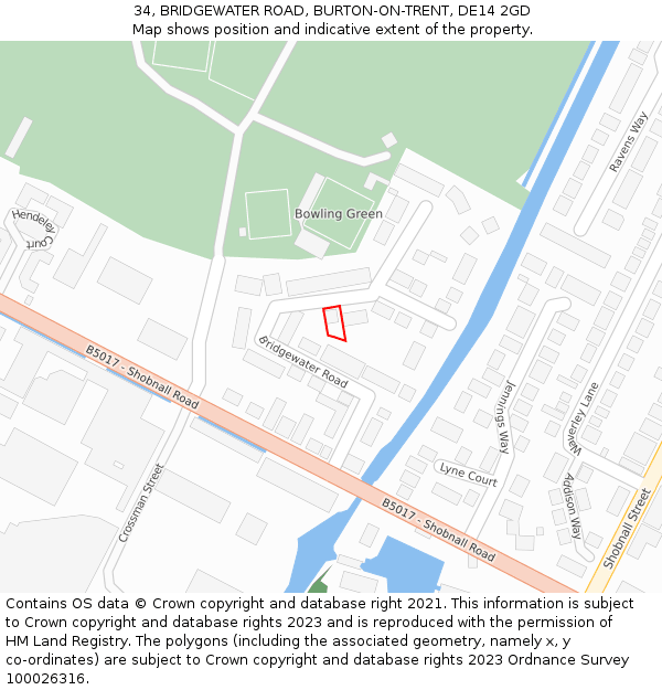 34, BRIDGEWATER ROAD, BURTON-ON-TRENT, DE14 2GD: Location map and indicative extent of plot