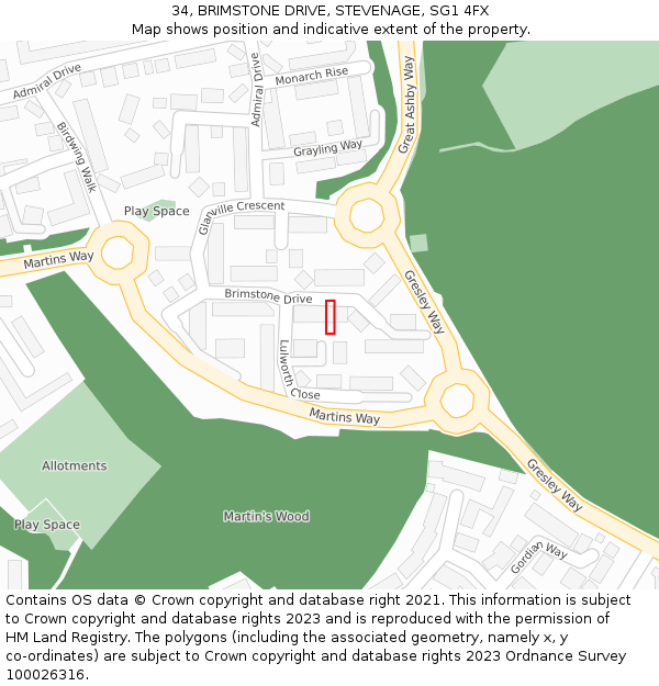 34, BRIMSTONE DRIVE, STEVENAGE, SG1 4FX: Location map and indicative extent of plot