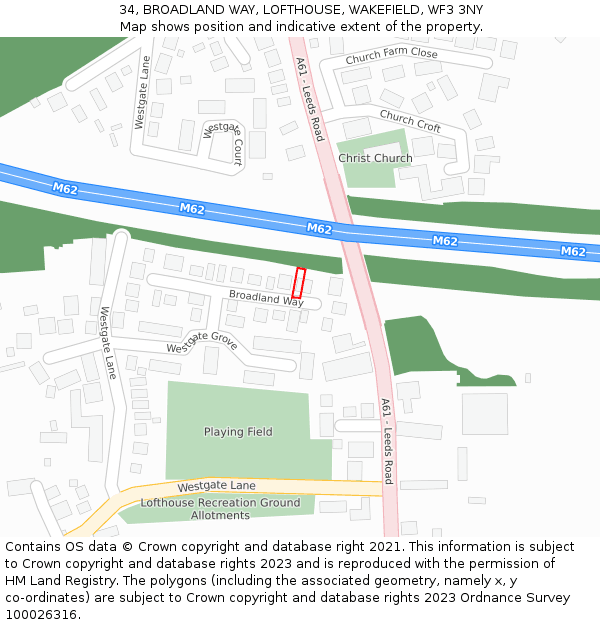 34, BROADLAND WAY, LOFTHOUSE, WAKEFIELD, WF3 3NY: Location map and indicative extent of plot