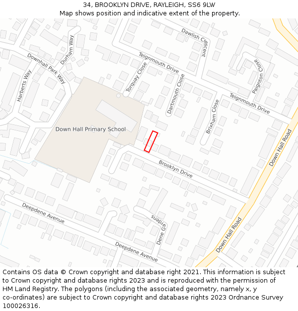 34, BROOKLYN DRIVE, RAYLEIGH, SS6 9LW: Location map and indicative extent of plot