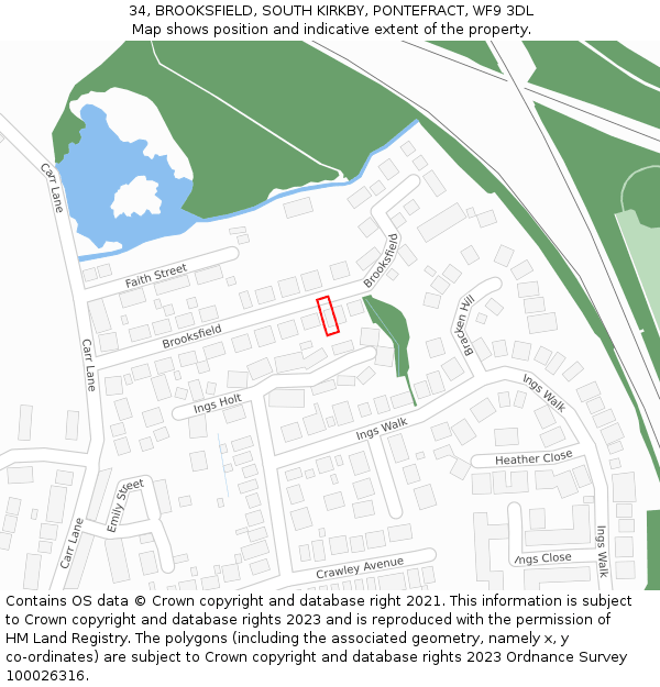 34, BROOKSFIELD, SOUTH KIRKBY, PONTEFRACT, WF9 3DL: Location map and indicative extent of plot