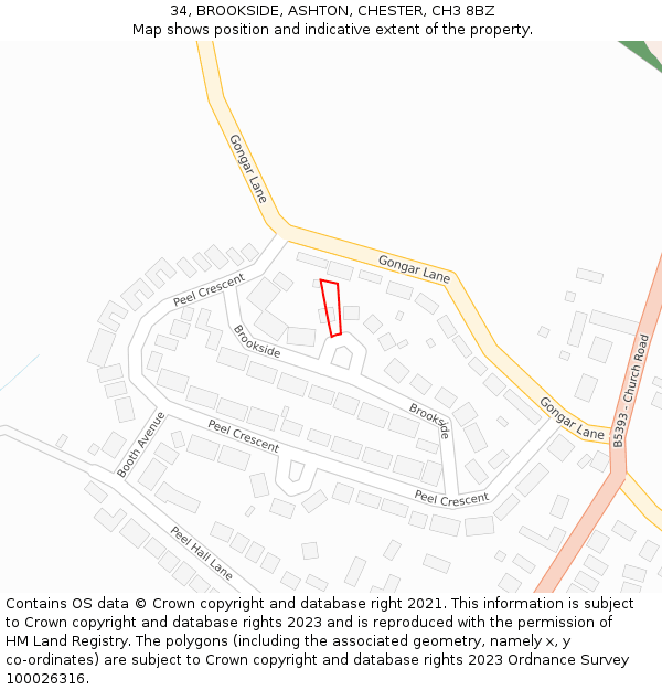 34, BROOKSIDE, ASHTON, CHESTER, CH3 8BZ: Location map and indicative extent of plot