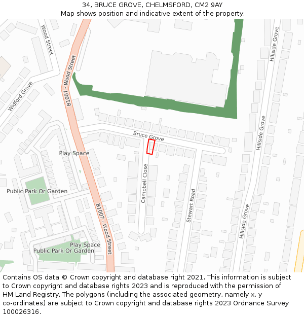 34, BRUCE GROVE, CHELMSFORD, CM2 9AY: Location map and indicative extent of plot