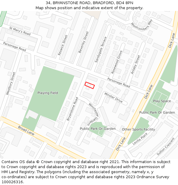 34, BRYANSTONE ROAD, BRADFORD, BD4 8PN: Location map and indicative extent of plot