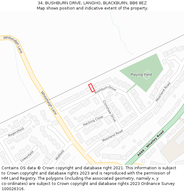 34, BUSHBURN DRIVE, LANGHO, BLACKBURN, BB6 8EZ: Location map and indicative extent of plot