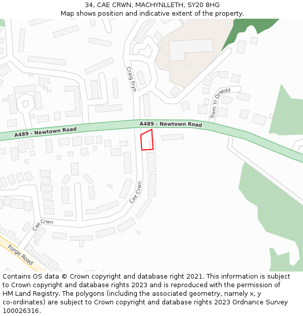 34, CAE CRWN, MACHYNLLETH, SY20 8HG: Location map and indicative extent of plot