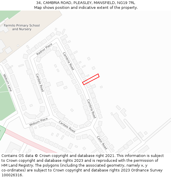 34, CAMBRIA ROAD, PLEASLEY, MANSFIELD, NG19 7RL: Location map and indicative extent of plot