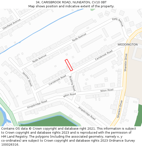 34, CARISBROOK ROAD, NUNEATON, CV10 0BT: Location map and indicative extent of plot