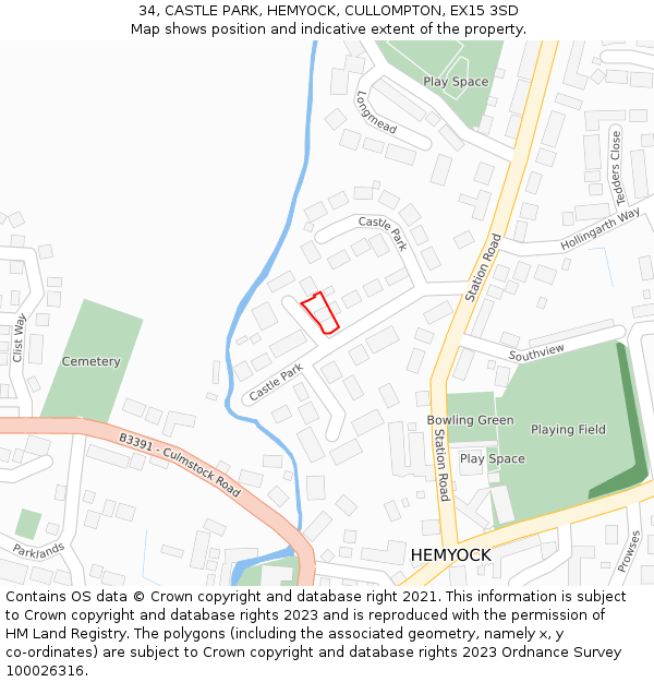 34, CASTLE PARK, HEMYOCK, CULLOMPTON, EX15 3SD: Location map and indicative extent of plot