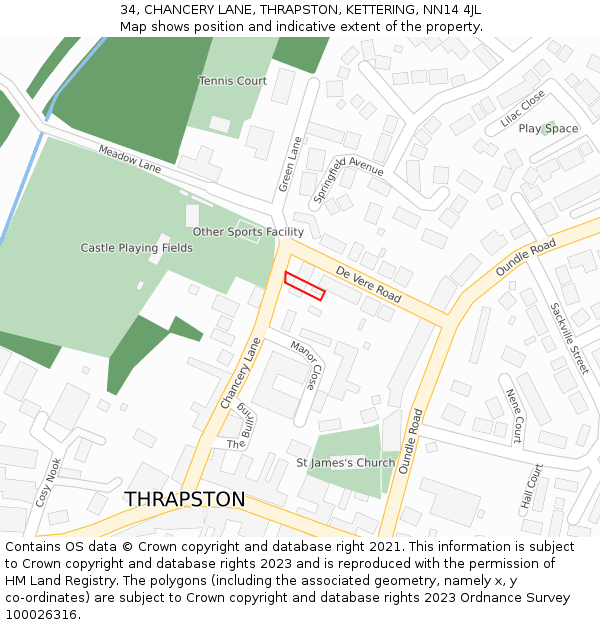 34, CHANCERY LANE, THRAPSTON, KETTERING, NN14 4JL: Location map and indicative extent of plot