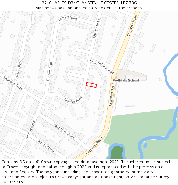 34, CHARLES DRIVE, ANSTEY, LEICESTER, LE7 7BG: Location map and indicative extent of plot
