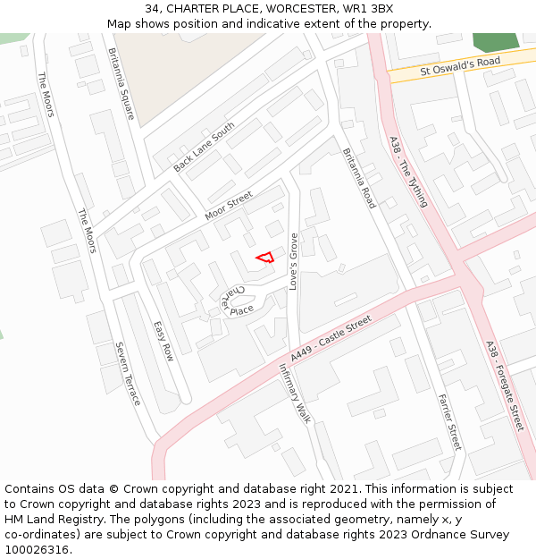 34, CHARTER PLACE, WORCESTER, WR1 3BX: Location map and indicative extent of plot