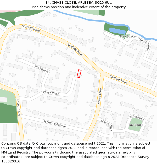 34, CHASE CLOSE, ARLESEY, SG15 6UU: Location map and indicative extent of plot