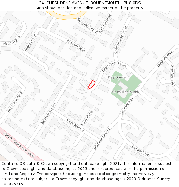34, CHESILDENE AVENUE, BOURNEMOUTH, BH8 0DS: Location map and indicative extent of plot