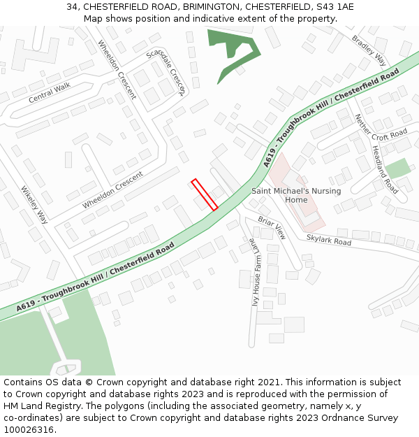 34, CHESTERFIELD ROAD, BRIMINGTON, CHESTERFIELD, S43 1AE: Location map and indicative extent of plot