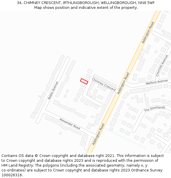 34, CHIMNEY CRESCENT, IRTHLINGBOROUGH, WELLINGBOROUGH, NN9 5WF: Location map and indicative extent of plot