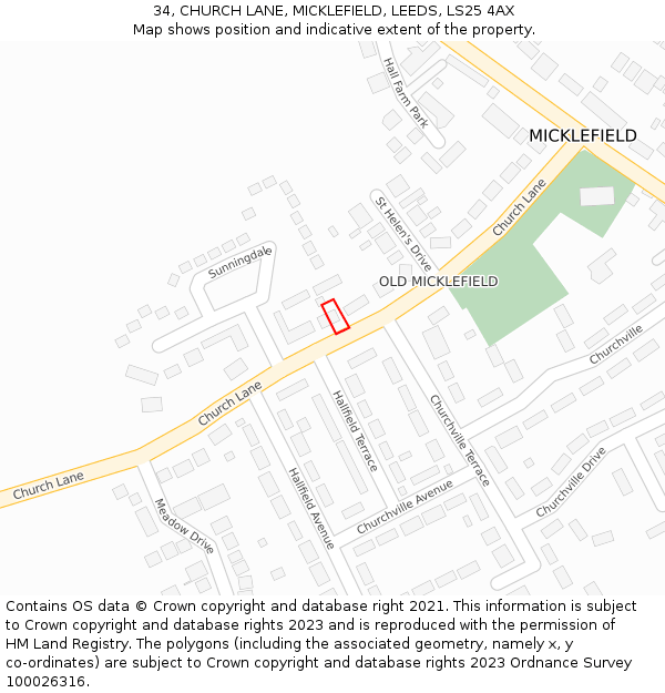 34, CHURCH LANE, MICKLEFIELD, LEEDS, LS25 4AX: Location map and indicative extent of plot