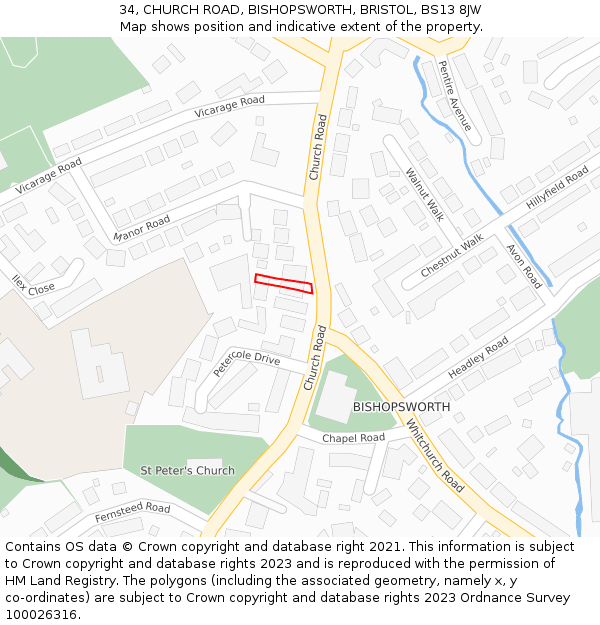 34, CHURCH ROAD, BISHOPSWORTH, BRISTOL, BS13 8JW: Location map and indicative extent of plot