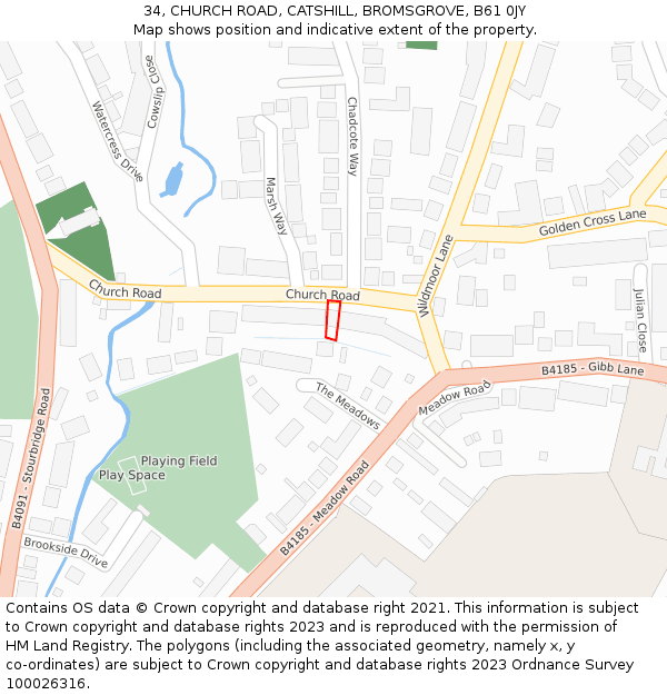 34, CHURCH ROAD, CATSHILL, BROMSGROVE, B61 0JY: Location map and indicative extent of plot