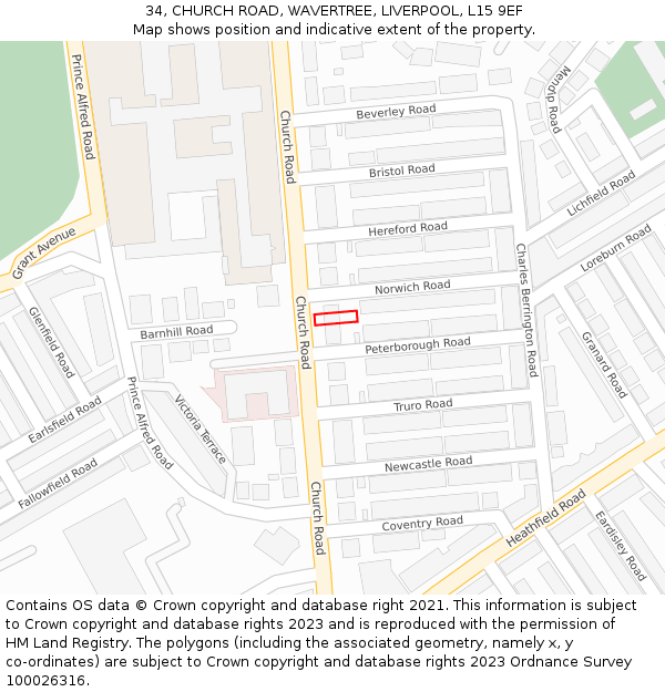 34, CHURCH ROAD, WAVERTREE, LIVERPOOL, L15 9EF: Location map and indicative extent of plot