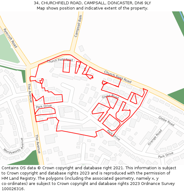 34, CHURCHFIELD ROAD, CAMPSALL, DONCASTER, DN6 9LY: Location map and indicative extent of plot