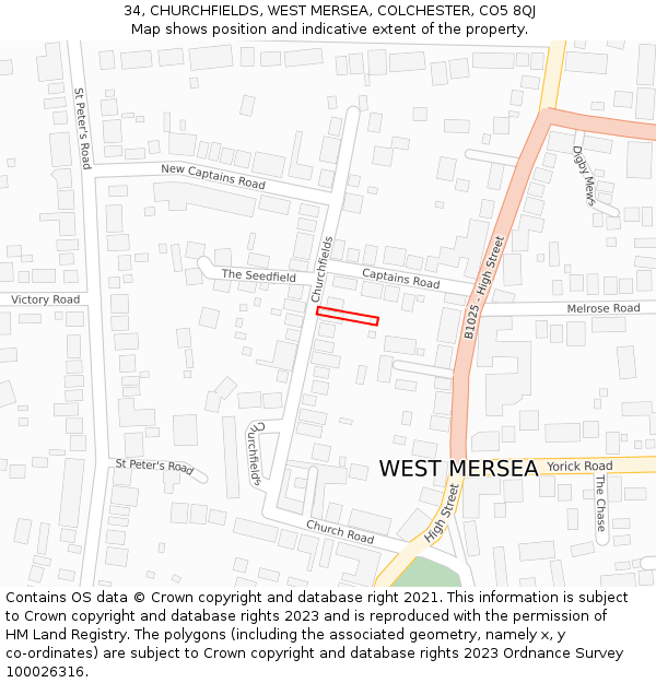 34, CHURCHFIELDS, WEST MERSEA, COLCHESTER, CO5 8QJ: Location map and indicative extent of plot