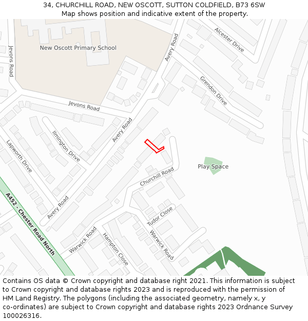 34, CHURCHILL ROAD, NEW OSCOTT, SUTTON COLDFIELD, B73 6SW: Location map and indicative extent of plot
