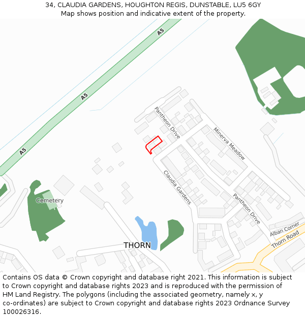 34, CLAUDIA GARDENS, HOUGHTON REGIS, DUNSTABLE, LU5 6GY: Location map and indicative extent of plot