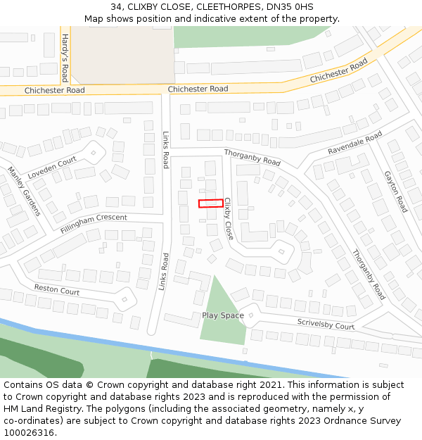 34, CLIXBY CLOSE, CLEETHORPES, DN35 0HS: Location map and indicative extent of plot