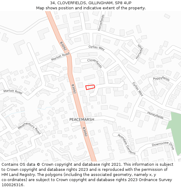 34, CLOVERFIELDS, GILLINGHAM, SP8 4UP: Location map and indicative extent of plot