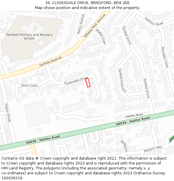 34, CLYDESDALE DRIVE, BRADFORD, BD6 2EE: Location map and indicative extent of plot