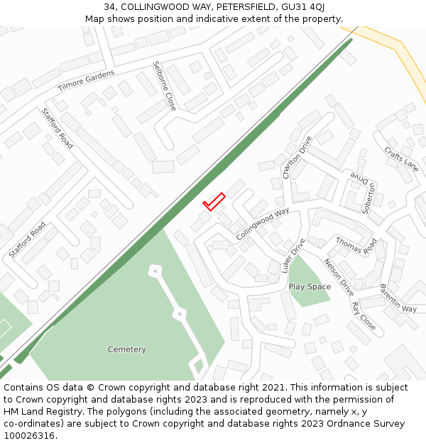 34, COLLINGWOOD WAY, PETERSFIELD, GU31 4QJ: Location map and indicative extent of plot
