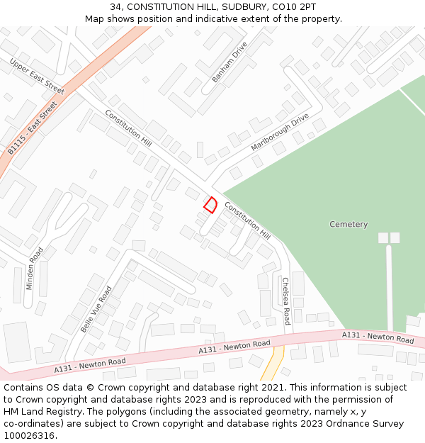 34, CONSTITUTION HILL, SUDBURY, CO10 2PT: Location map and indicative extent of plot