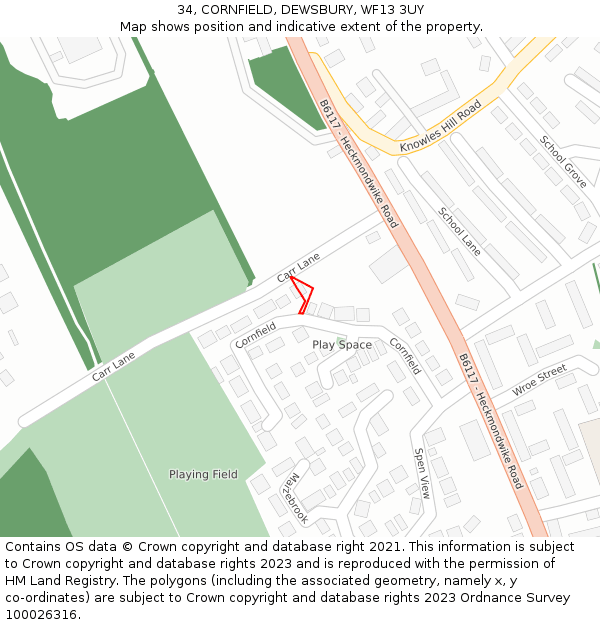 34, CORNFIELD, DEWSBURY, WF13 3UY: Location map and indicative extent of plot