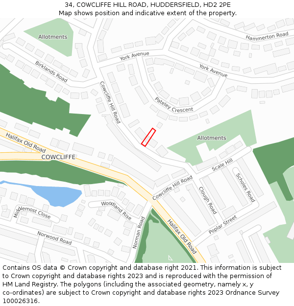 34, COWCLIFFE HILL ROAD, HUDDERSFIELD, HD2 2PE: Location map and indicative extent of plot