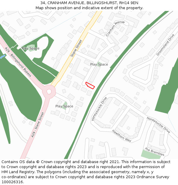 34, CRANHAM AVENUE, BILLINGSHURST, RH14 9EN: Location map and indicative extent of plot
