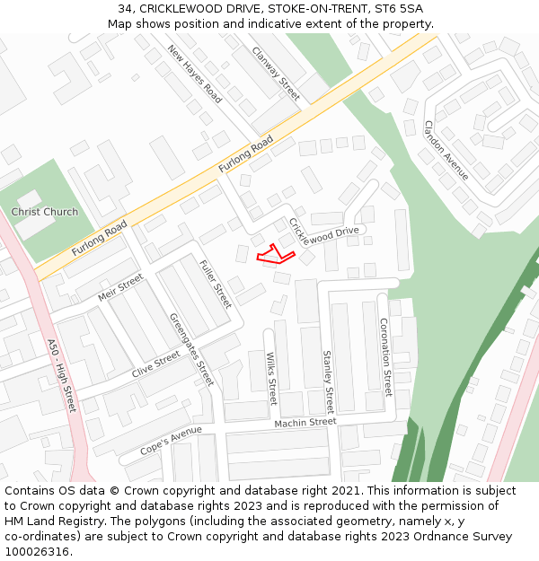 34, CRICKLEWOOD DRIVE, STOKE-ON-TRENT, ST6 5SA: Location map and indicative extent of plot