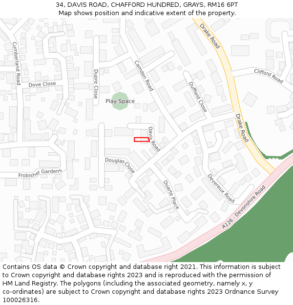 34, DAVIS ROAD, CHAFFORD HUNDRED, GRAYS, RM16 6PT: Location map and indicative extent of plot