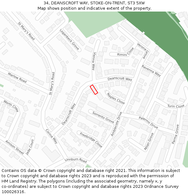 34, DEANSCROFT WAY, STOKE-ON-TRENT, ST3 5XW: Location map and indicative extent of plot