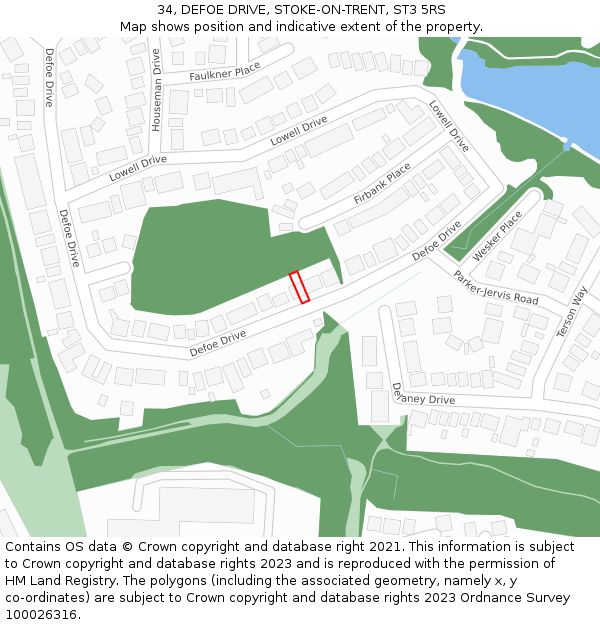 34, DEFOE DRIVE, STOKE-ON-TRENT, ST3 5RS: Location map and indicative extent of plot